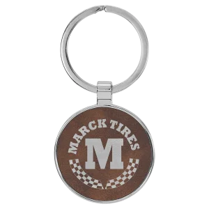 1 1/2" Engraved Faux Leather/Metal Rustic/Silver Round Keychain