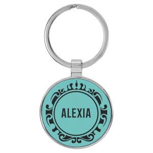 1 1/2" Engraved Faux Leather/Metal Teal Round Keychain