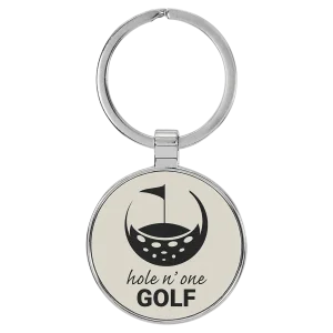 1 1/2" Engraved Faux Leather/Metal White Round Keychain