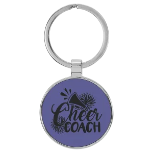 1 1/2" Engraved Faux Leather/Metal Purple Round Keychain
