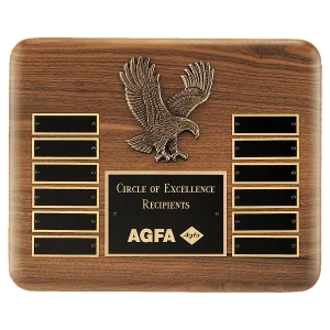 13" X 10 1/2" Solid American Walnut Plaque with Finely Detailed Antique Bronze Eagle Casting and Black LaserFX Header and 12 Perpetual Plates