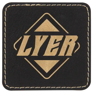 2 1/2" x 2 1/2" Black/Gold Square Engraved Faux Leather Patch with Adhesive