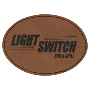 3 1/2" x 2 1/2" Dark Brown Engraved Faux Leather Ova Patch with Kota Pro A dhesive