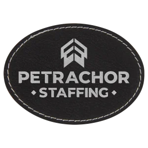 3 1/2" x 2 1/2" Black/Silver Engraved Faux Leather Oval Patch with Adhesive