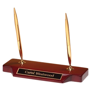 3 3/4" x 9" Double Gold-Tone Pen Set on Rosewood Piano Finish Base with Black Brass Plate