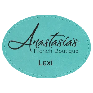 3 1/2" x 2 1/2" Teal Engraved Faux Leather Oval Patch with Kota Pro Adhesive
