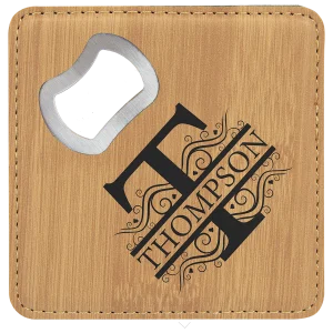 4" x 4" Square Bamboo Engraved Faux Leather Coaster with Bottle Opener