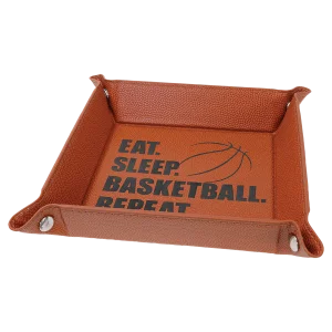 6" x 6" Basketball Engraved Faux Leather Snap Up Tray with Silver Snaps