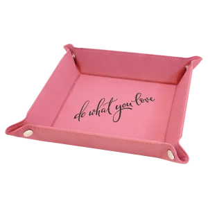 6" x 6" Pink Engraved Faux Leather Snap Up Tray with Silver Snaps