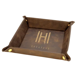 6" x 6" Rustic/Gold Engraved Faux Leather Snap Up Tray with Gold Snaps