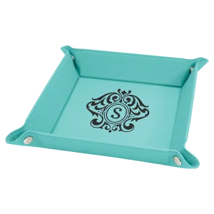 6" x 6" Teal Engraved Faux Leather Snap Up Tray with Silver Snaps