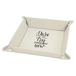 6" x 6" White Engraved Faux Leather Snap Up Tray with Silver Snaps