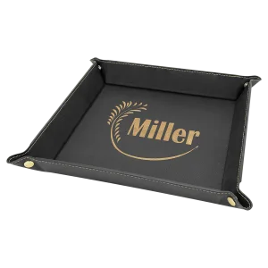 9" x 9" Black/Gold Engraved Faux Leather Snap Up Tray with Gold Snaps
