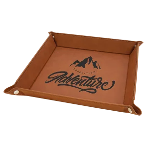 9" x 9" Rawhide Engraved Faux Leather Snap Up Tray with Silver Snaps