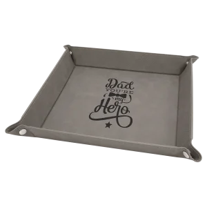 9" x 9" Gray Engraved Faux Leather Snap Up Tray with Silver Snaps