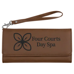 7 1/2" x 4" Dark Brown Engraved Faux Leather Wallet with Strap