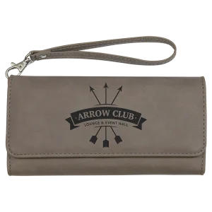 7 1/2" x 4" Gray Engraved Faux Leather Wallet with Strap