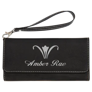7 1/2" x 4" Black/Silver Engraved Faux Leather Wallet with Strap