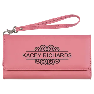 7 1/2" x 4" Pink Engraved Faux Leather Wallet with Strap