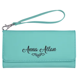 7 1/2" x 4" Teal Engraved Faux Leather Wallet with Strap