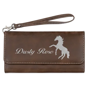 7 1/2" x 4" Rustic/Silver Engraved Faux Leather Wallet with Strap