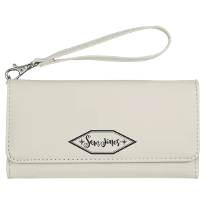 7 1/2" x 4" White Engraved Faux Leather Wallet with Strap