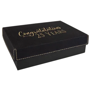 7 3/8" x 5 3/4" Black/Gold Gift Box with Engraved Faux Leather Lid