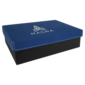 9 7/8" x 7 1/8" Blue/Silver Gift Box with Engraved Faux Leather Lid