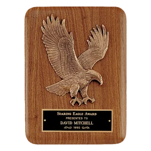 7" x 9" Solid American Walnut Plaque with Finely Detailed Eagle Relief and Black Custom Engraved Brass Plate