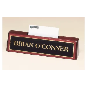 8 1/4" x 2" x 1 1/4" Rosewood Piano Finish Nameplate with Business Card Holder with Black Plate