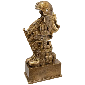 8 3/4" Antique Gold Military Resin Helmet on Rifle with Flag and Boot