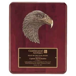 8" X 10 1/2" Rosewood Piano Finish Plaque with Finely Detailed Bronze Eagle Head Casting with Black Custom Engraved Brass Plate
