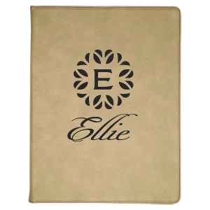 9 1/2" x 12" Light Brown Engraved Faux Leather Portfolio with Notepad