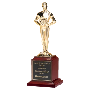 9" Cast Metal Goldtone Finish Classic Achiever Figure on a Rosewood Piano Finish Base with a Black Custom Engraved Plate
