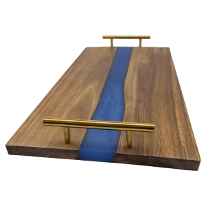 18" x 9" Acacia Serving Tray with Blue Pearl Resin and Gold Handles
