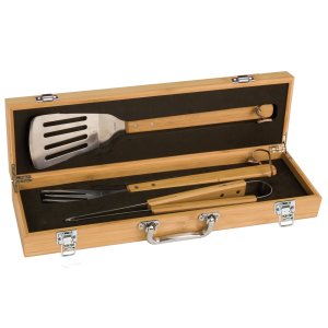 3-Piece Bamboo BBQ Set in Bamboo Case - Open view