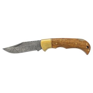 Bison River 3 3/4" Wood Folding Knife with Damascus Steel Blade and Leather Sheath - Open 2 view