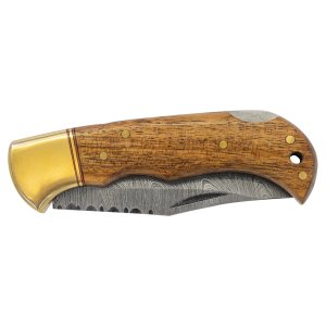 Bison River 3 3/4" Wood Folding Knife with Damascus Steel Blade and Leather Sheath - Side view