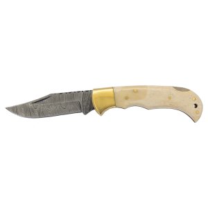 Bison River 3 3/4" Bone Folding Knife with Damascus Steel Blade and Leather Sheath - Open 2 view