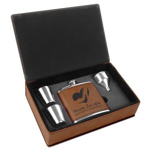 6 oz. Rawhide Engraved Faux Leather Flask Gift Set - Open view