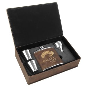 6 oz. Rustic/Gold Engraved Faux Leather Flask Gift Set - Open view