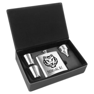 6 oz. Stainless Steel Flask Set in Black/Silver Engraved Faux Leather Box - Open view