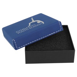 3 1/2" x 3 1/2" Blue/Silver Medal Box with Engraved Faux Leather Lid - Open view