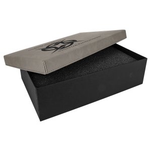 11 3/4" x 7 3/4" Gray Gift Box with Engraved Faux Leather Lid - Open view
