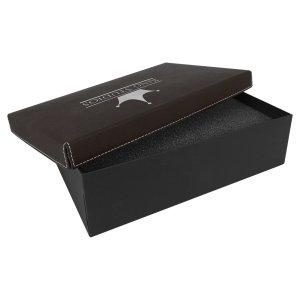 11 3/4" x 7 3/4" Black/Silver Gift Box with Engraved Faux Leather Lid - Open view