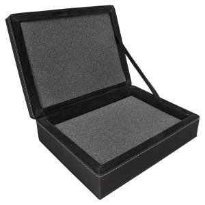 8" x 6 3/8" Black/Gold Engraved Faux Leather Premium Gift Box - Open view