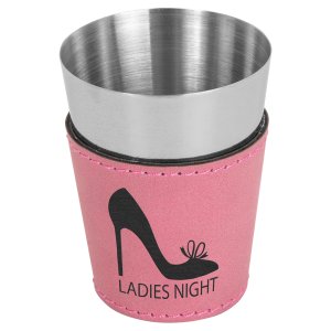 2 oz. Pink Engraved Faux Leather & Stainless Steel Shot Glass - Angle view