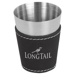 2 oz. Black/Silver Engraved Faux Leather & Stainless Steel Shot Glass - Angle view