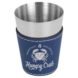 2 oz. Blue/Silver Engraved Faux Leather & Stainless Steel Shot Glass - Angle view