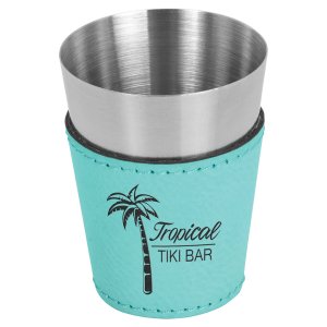 2 oz. Teal Engraved Faux Leather & Stainless Steel Shot Glass - Angle view